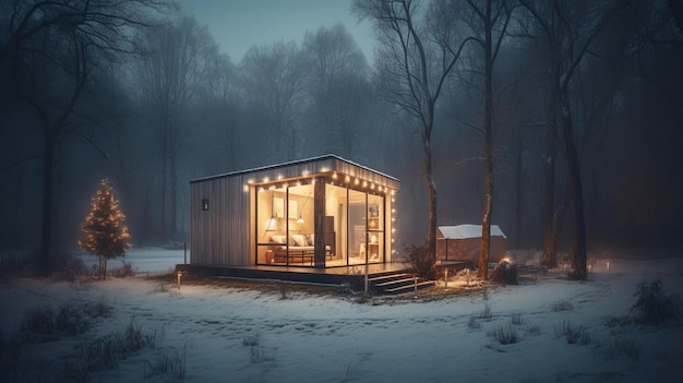 Modern tiny house in winter forest barnhouse cozy Al generated