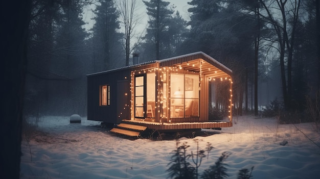 Modern tiny house in winter forest barnhouse cozy Al generated