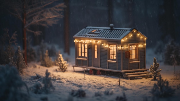 Modern tiny house in winter forest barnhouse cozy Al generated