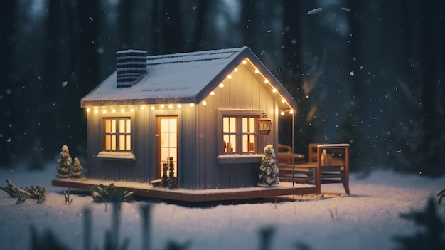 Modern tiny house in winter forest barnhouse cozy Al generated