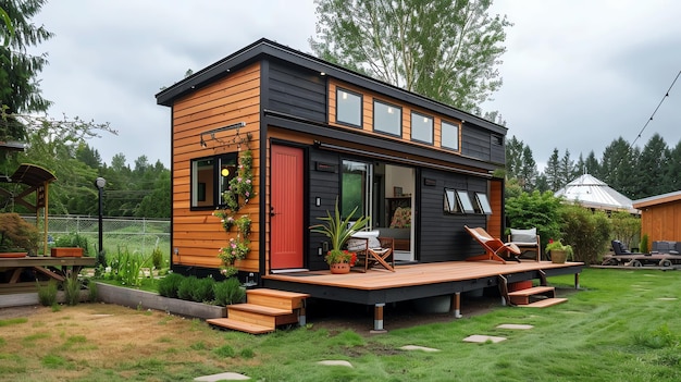 A modern tiny house with a black and wood exterior and a large deck