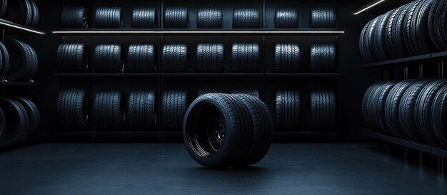 Modern Tire Shop Interior with Rows of New Tires on Display in a Dark Sleek Setting