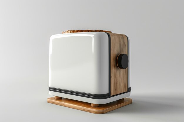 A modern toaster with a slice of bread on top placed on a wooden base against a light background