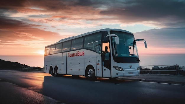 Modern tourist bus on asphalt in the evening on sunset