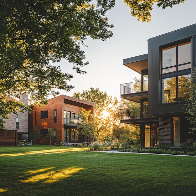 Photo modern townhouses with wood accents