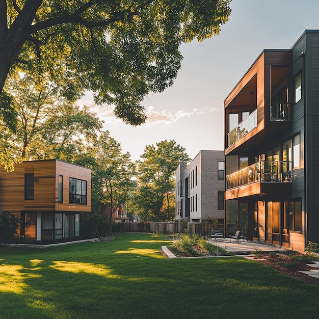 Photo modern townhouses with wood accents