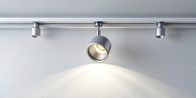 Photo modern track spot light hanging on a white stretch ceiling at eye level decor eye level architecture ambient minimalist brightness home improvement focus residential