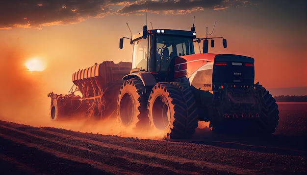 Modern tractor at sunset or sunrise