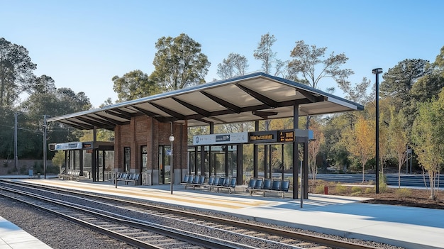 Photo modern train station platform with brick building and digital displays