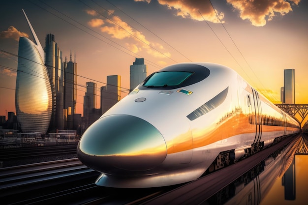 Modern train on tracks over modern cityscape and sunset created using generative ai technology