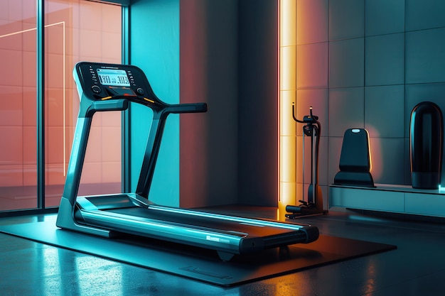 Modern Treadmill in a Home Gym With Blue and Orange Lighting