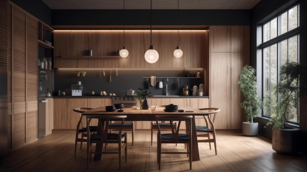 Modern trendy all wood kitchen and dining area japandi style natural wood floor wooden facades dinin