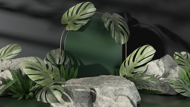 Modern Trendy Background Rock Podium With Green Tropical Leaves  3D Illustration