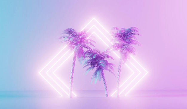 Modern trendy neon glowing light with tropical palm trees 3D Rendering