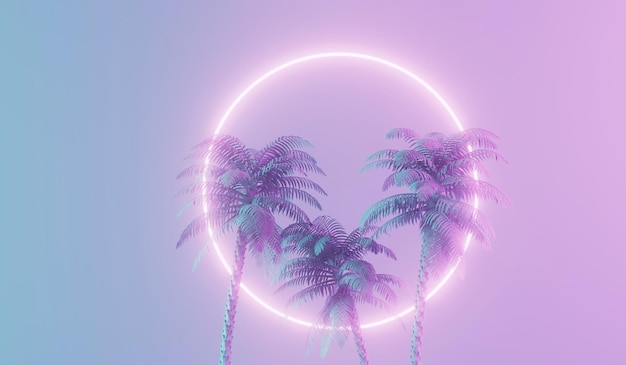 Modern trendy neon glowing light with tropical palm trees 3D Rendering