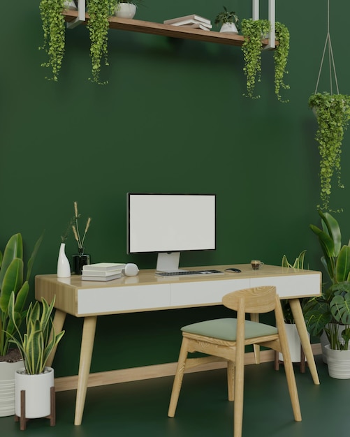 Photo modern trendy workspace with a computer on a minimal wooden desk against the green wall