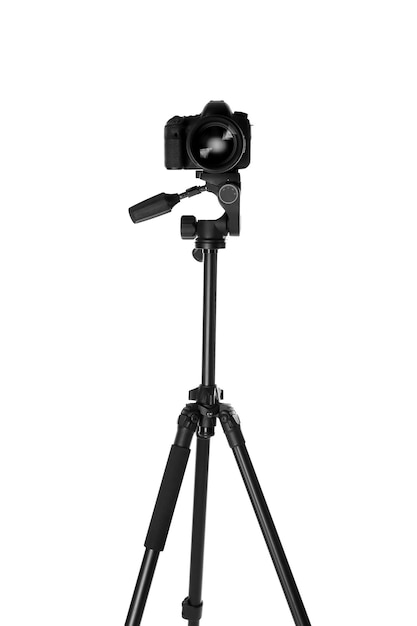 Modern tripod with camera isolated on white