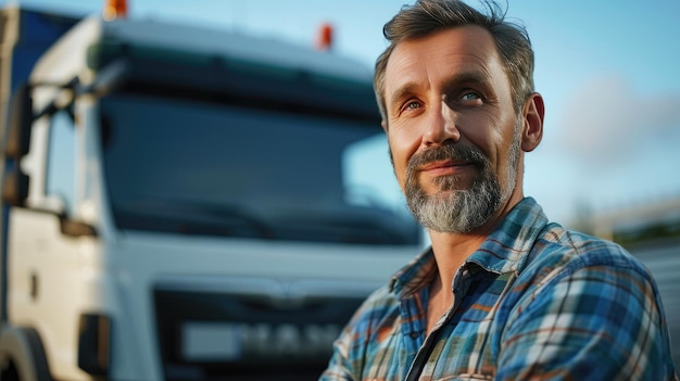 Modern Truck Driver in Front of Electric Vehicle