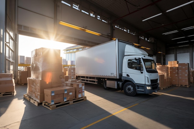 Modern truck filled with shipping boxes in a warehouse bay logistics and delivery Generative AI