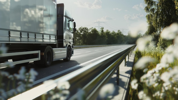 Modern truck on a highway with a tranquil countryside backdrop