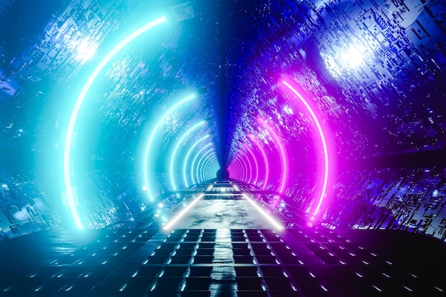 Modern tunnel with bright glowing neon blue and pink lights d render