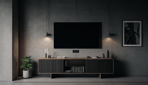 Modern TV zone with black console in loft interior design Generative AI