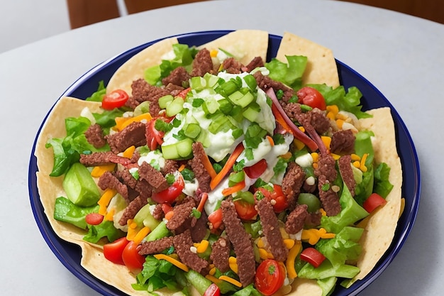 A modern twist on a classic dish a taco salad with layers of crispy tortilla and of fresh vegetables