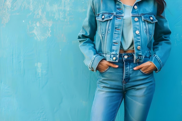 Photo modern twist on classic look with double denim ensemble in bright blue concept denim fashion modern twist double denim bright blue classic look