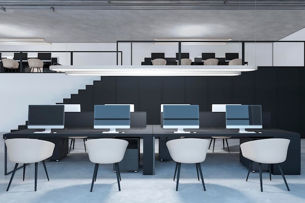 Modern two levels concrete coworking office interior with furniture and equipment 3D Rendering