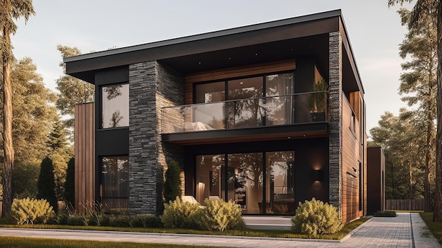 Modern twostorey house with a flat roof and large windows