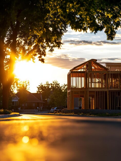 Photo a modern twostory house under construction bathed in the golden glow of sunset the framing i