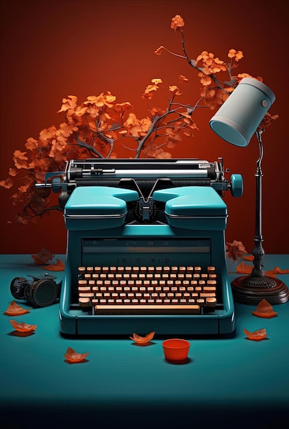 the modern typewriter and a laptop are in focus in the style of dark orange and skyblue