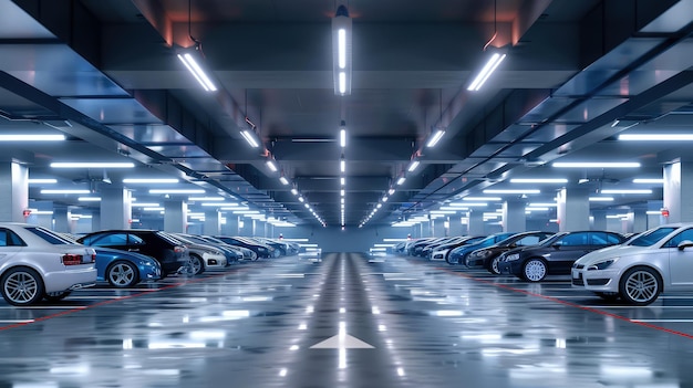 modern underground parking with many cars