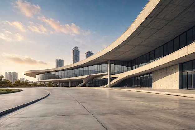 Modern urban buildings and ground have a clean and bright sky background