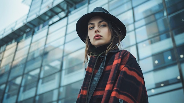 Modern Urban Chic Fashion Woman in Black Hat and Red Coat