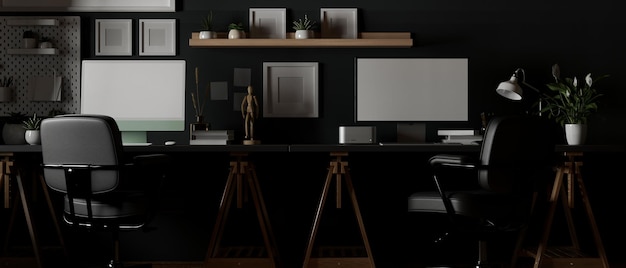 Modern urban dark office room with PC computer and office supplies on desk