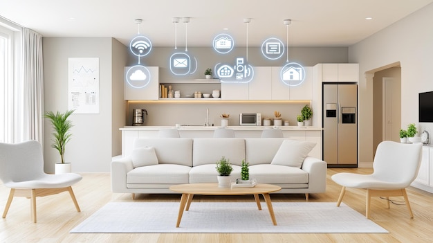 Photo modern urban kitchen showcasing smart home technology with digital icons for sustainable living and advanced convenience