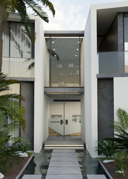 Modern urban office building entrance door with tropical outdoor garden pond and cement path