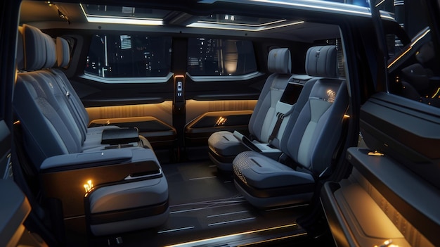 A modern van interior with luxurious seating ambient lighting light blue upholstery with black