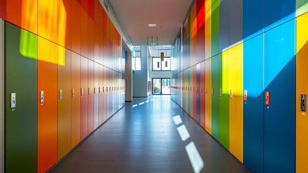 Modern and Vibrant School Corridor with Colorful Lockers