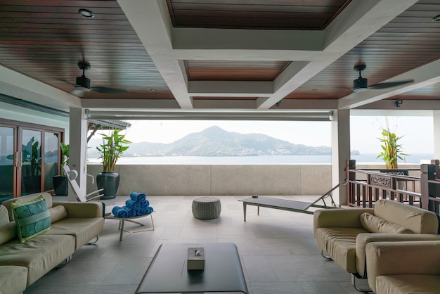 Modern villa building terrace Looking out over the ocean.