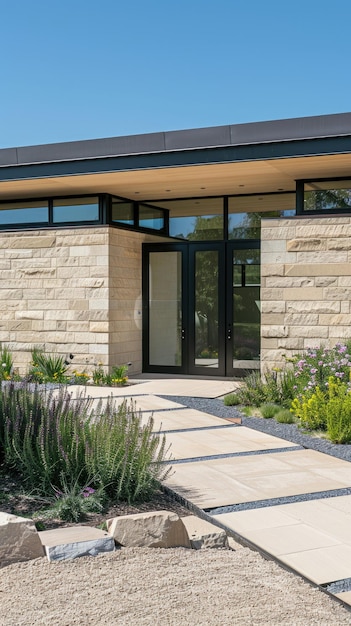 a modern villa courtyard gate featuring a sleek flat roof and a small area of modern paving creating a welcoming entrance with minimalist sophistication