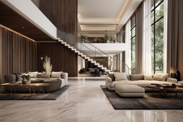 The modern villa entrance hall with a grand staircase showcases a perfect blend of luxury