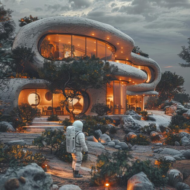 a modern villa on the moon fully made of recycled space shuttle