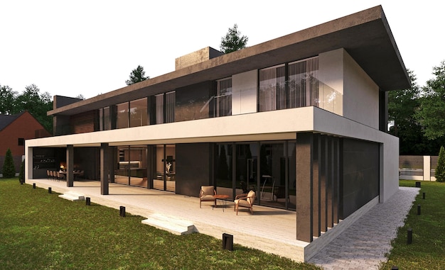 Modern villa with a large terrace and panoramic windows. 3d visualization. Unique architecture