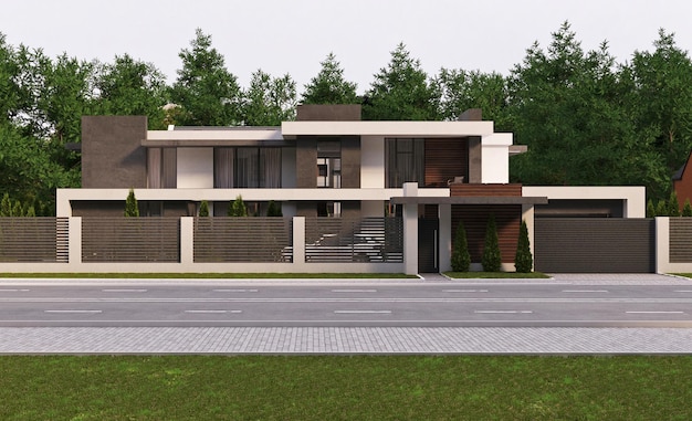 modern villa with a terrace and panoramic windows. 3D visualization. luxury home