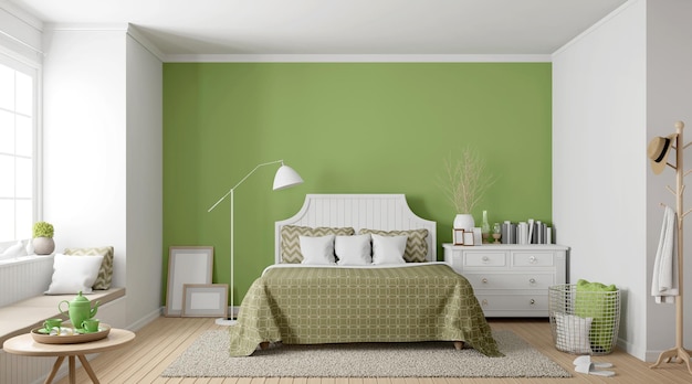 Modern vintage bedroom 3d render There are wood floor Decorate wall with green paint