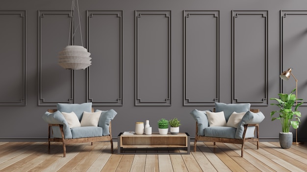 Modern vintage interior of living room,Pastel interior in classic style with soft armchair and dark brown wall.