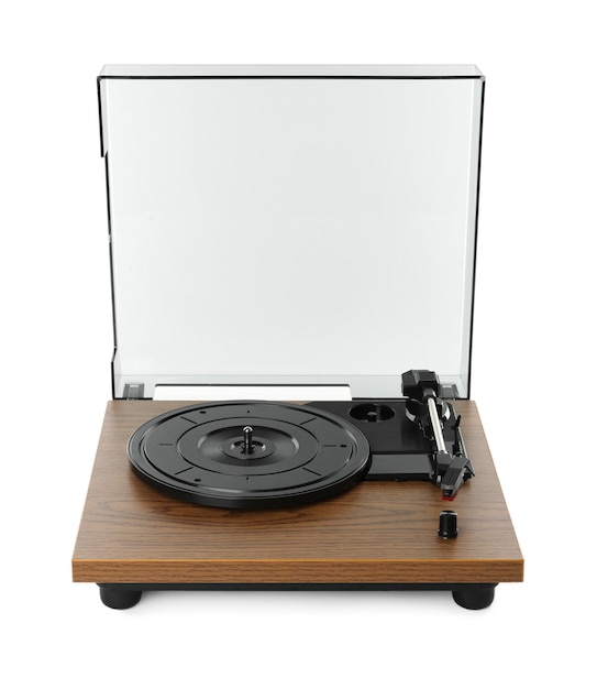 Modern vinyl record turntable isolated on white