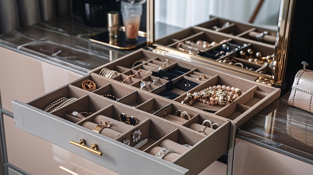 Modern walkin closet with open drawer organizer showcasing compartments for jewelry and accessories